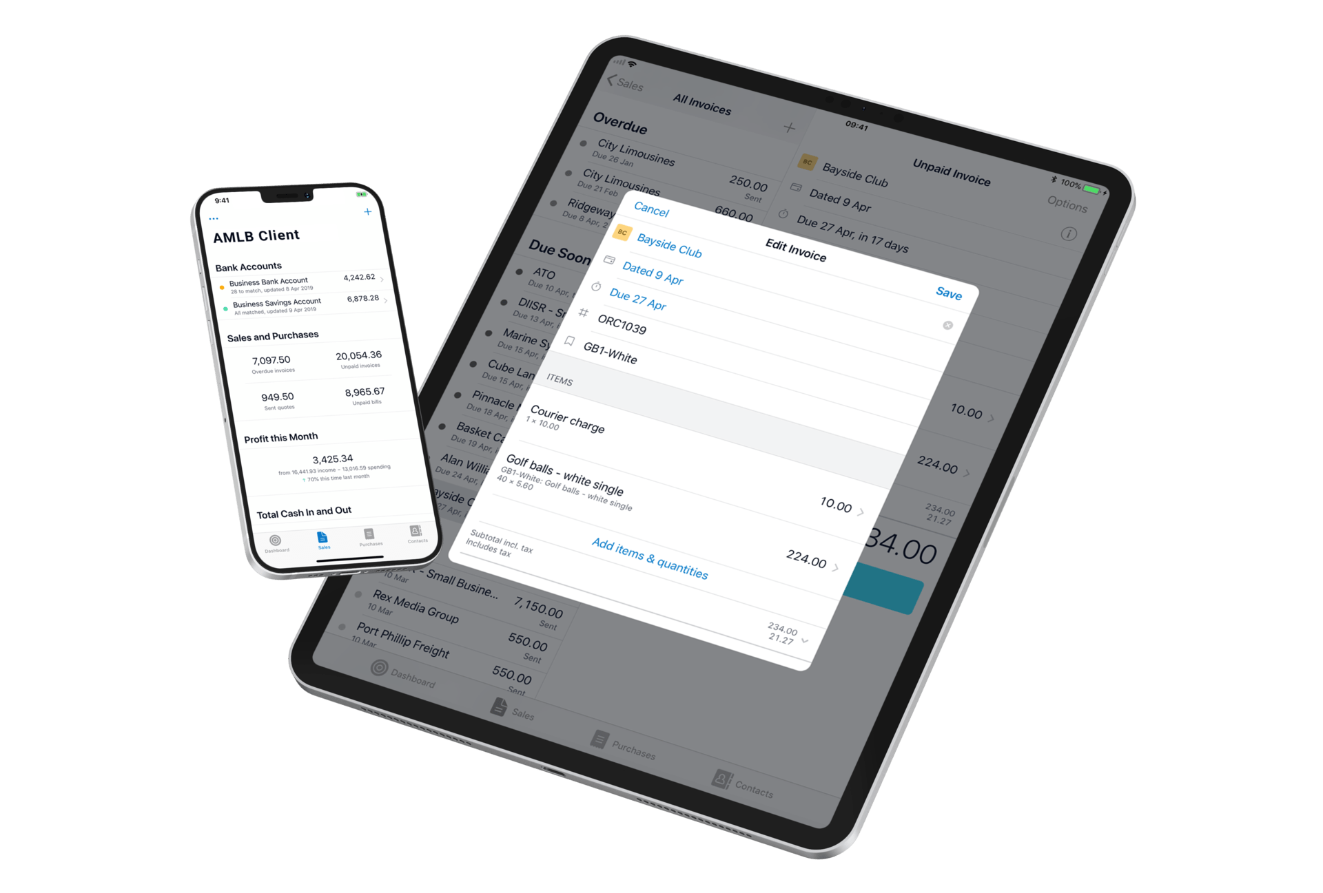 Mobile devices floating with Xero accounting dashboards displayed on the screens